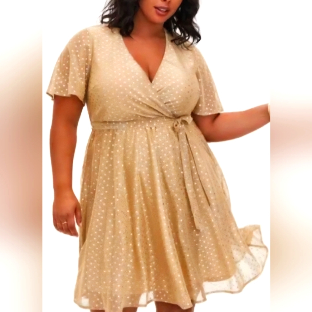 NWT Torrid Faux Wrap Dress – Shimmery Gold with Gold Foil Polka Dots – Size 2/2X
